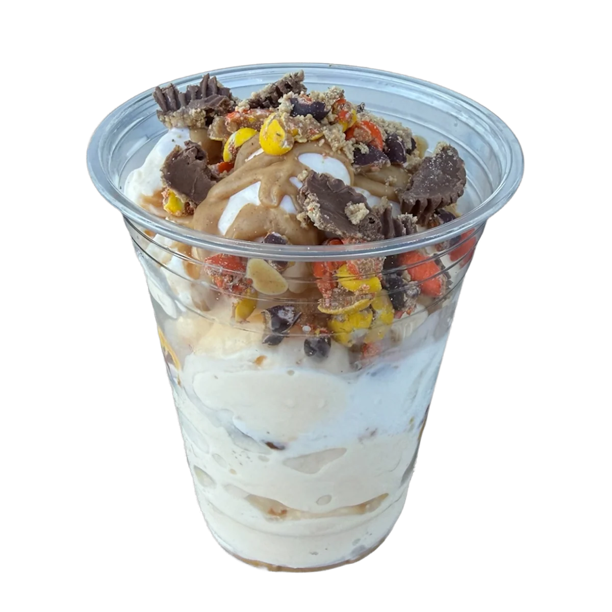 PB Envie Cajun Cup with vanilla ice cream, peanut butter sauce, Reese's Pieces, Reese's chunks