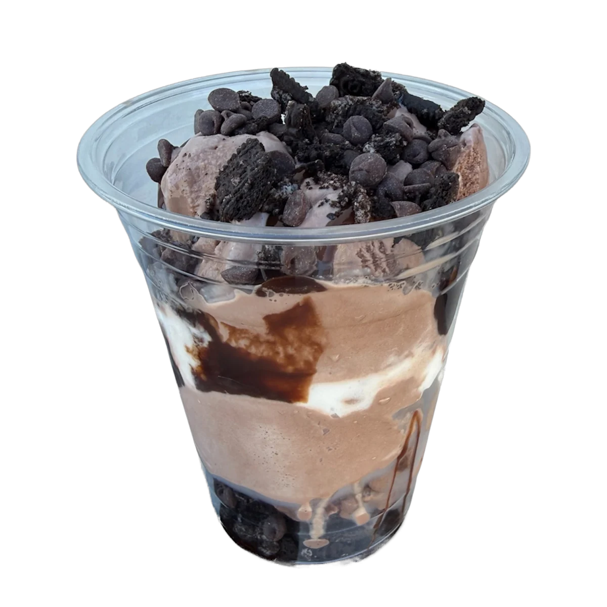 Mud Boot Cajun Cup with chocolate ice cream, brownie, chocolate chips, Oreo crumbs, hot fudge