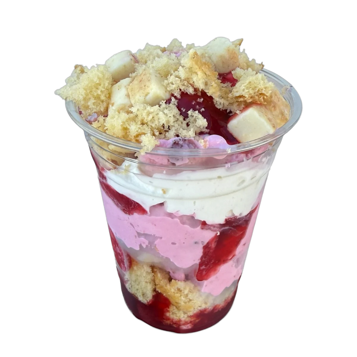Crawdaddy Shortcake Cajun Cup with vanilla and strawberry ice cream, vanilla cake, strawberry sauce, cheesecake bites