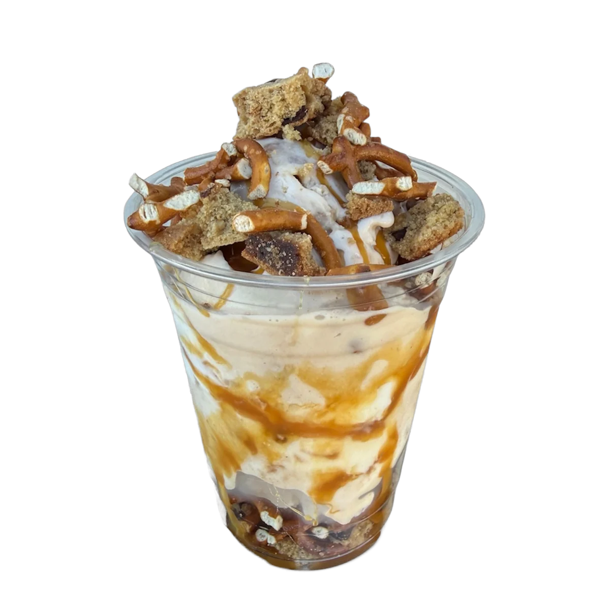 Snapping Turtle Cajun Cup with pecan praline ice cream, caramel, chocolate chip cookie, pretzel